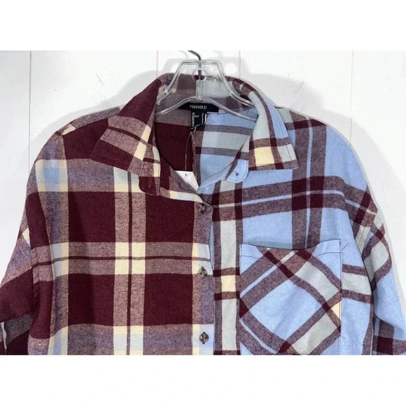 NWT Forever 21 Womens Cropped Burgundy & Blue Plaid Flannel Button Down Size S - Picture 2 of 7